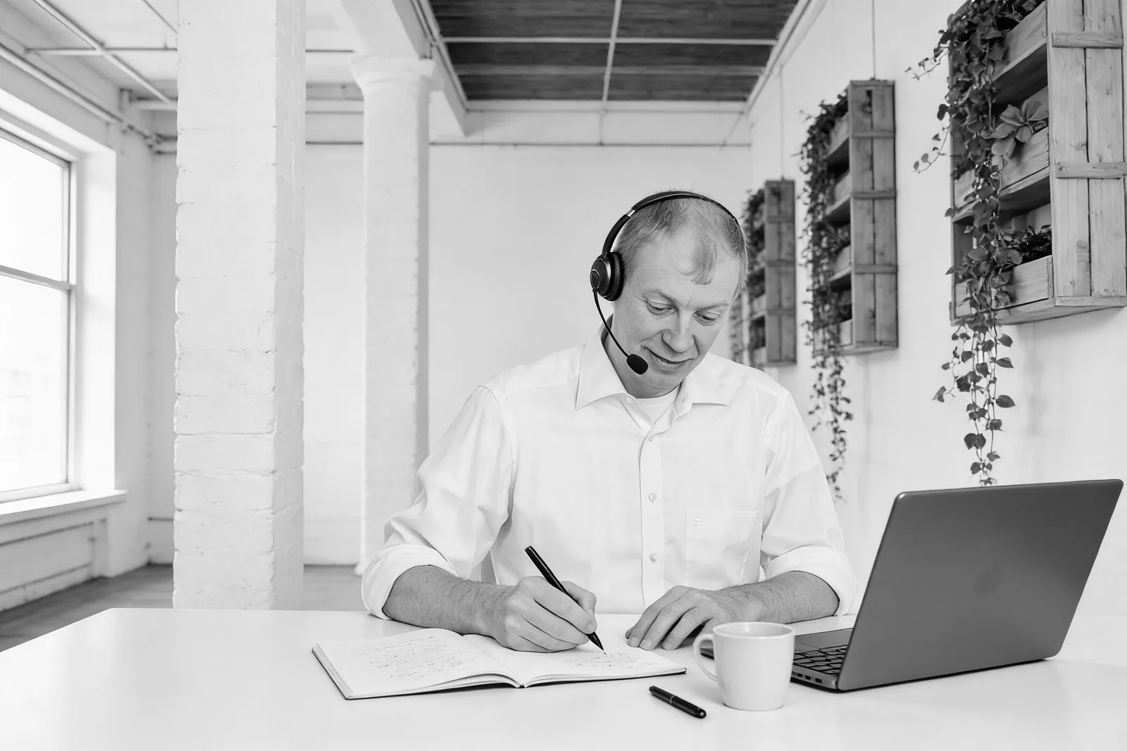 Slava Gilgenberg von praxisANSATZ am Support-Schreibtisch — Headset auf, Notizen am Telefon. Symbol für persönliche Erreichbarkeit im laufenden Support.